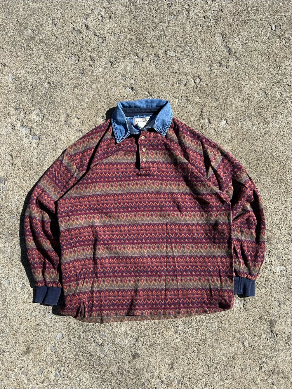 Arizona Jean Company Burgundy Patterned Rugby Shirt with Blue Chambray Collar